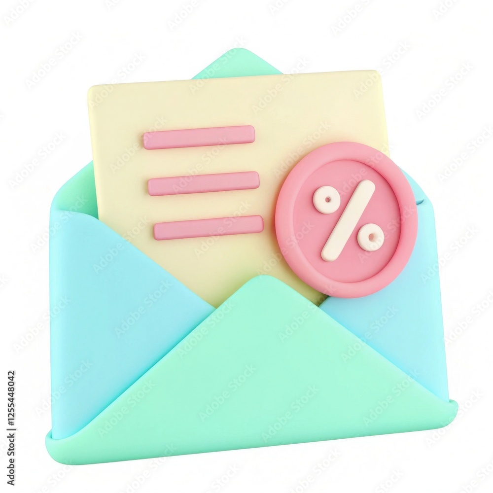 Poster a colorful envelope with a document featuring bullet points and a pink percentage symbol, symbolizin
