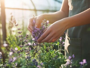 Hands skillfully harvest lavender blossoms in a serene greenhouse during golden hour
