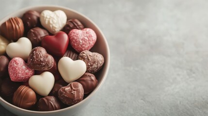 An exquisite bowl filled with an assortment of heart-shaped chocolates showcasing vibrant colors and textures, making it a perfect visual treat for celebrating love and affection.