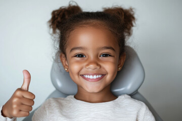 Happy little girl gesturing thumbs up sign after dental check up