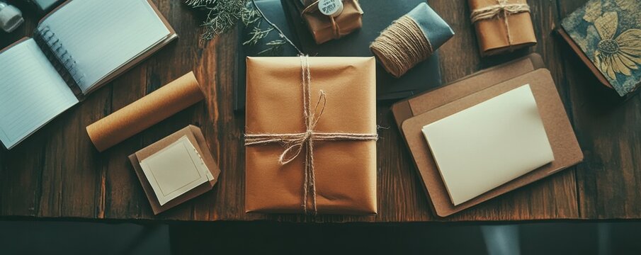 Rustic gift wrapping with brown paper and twine on wooden table