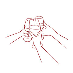 Hand drawn girls clinking glasses with wine champagne line art