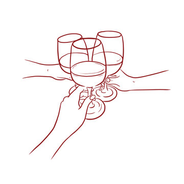 recommend clip art: Hand drawn girls holding  glasses with wine champagne line art