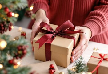 person tying bow on christmas gift box