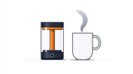 Modern French Press with Steam Rising from Freshly Brewed Coffee in Minimalist Style