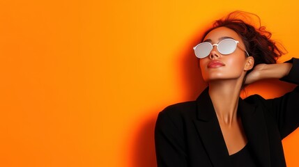 A confident woman with sleek hair and sunglasses strikes a pose against a vibrant orange background, embodying modern fashion and individual style with elegance.
