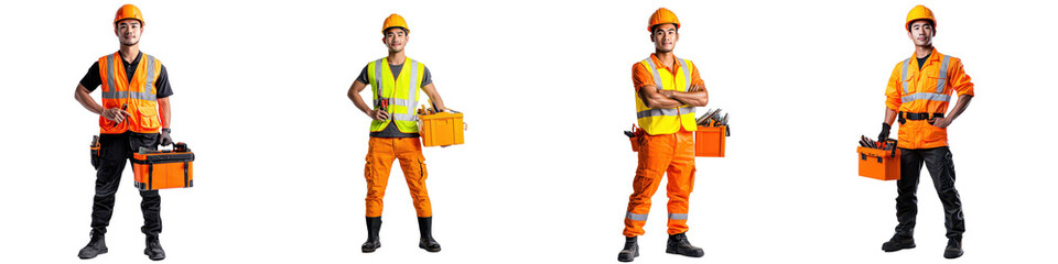 Professional construction workers in safety gear holding tools and equipment on a white background