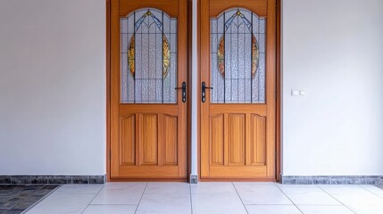 Obraz premium Double Wooden Doors with Glass Panels in a Bright Interior