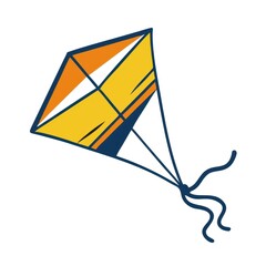 A colorful kite with a geometric design, featuring yellow and orange shades, floating gracefully in the sky.