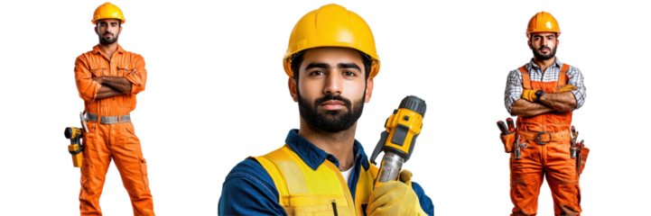 Construction Workers in Safety Gear Posing with Tools on Isolated Background