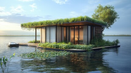 Fototapeta premium Eco-friendly lake house sunset; tranquil water, plants