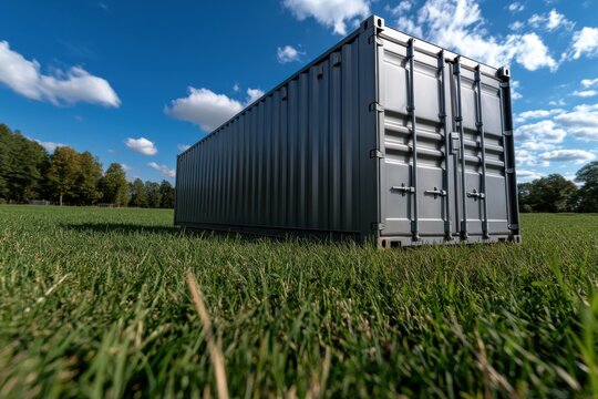 A modern silver shipping container rests on a vibrant green grass field under a beautiful sky with fluffy clouds, symbolizing logistics and storage solutions.