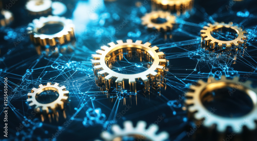 Poster close-up view of intricate golden gears and cogs engaging in synchronized motion, highlighting detai