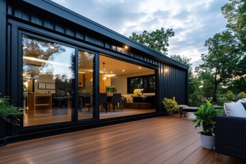 This image showcases a stylish black modern house, featuring large glass windows and a spacious wooden deck, perfect for a relaxing outdoor experience.