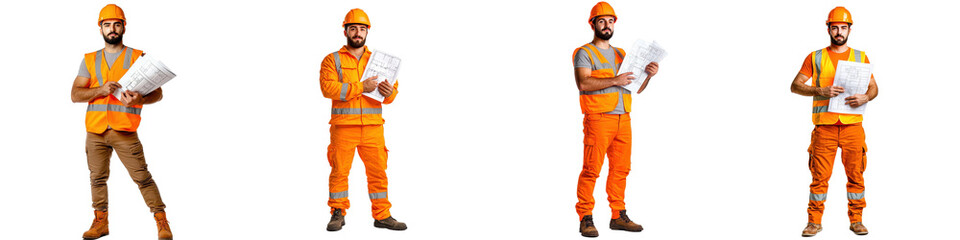 Professional Construction Worker with Helmet and Plans in Bright Safety Gear Outdoors
