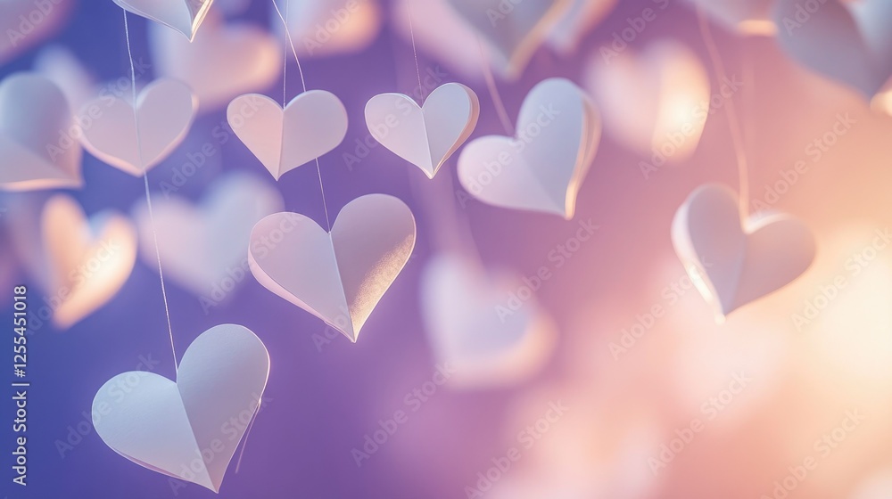 Poster White paper hearts cascading gently through a purple haze, illuminated by warm lighting, creating a romantic and tender mood