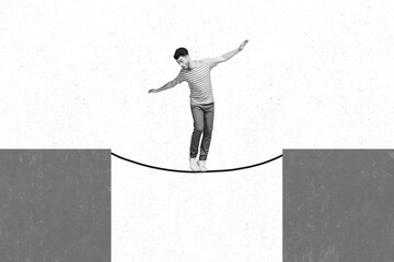 Photo artwork minimal collage picture of shocked lady walking rope between two sides isolated...