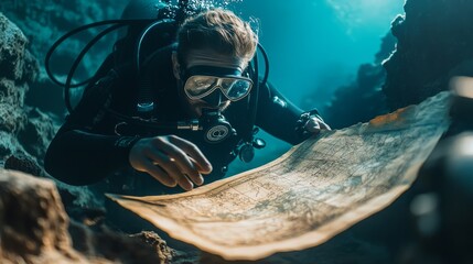 A close-up of a diver observing an ancient map inside an underwater museum exhibit 