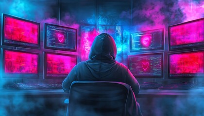 Fototapeta premium A dramatic scene of a hacker in a hooded sweatshirt, sitting in front of a wall of monitors displaying breached systems highlighting the tension of cyber warfare.