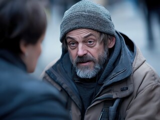 Obraz premium Engaging conversation between two strangers on a bustling city street