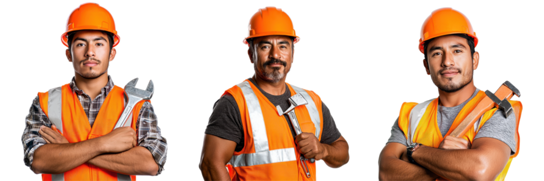 Three Male Construction Workers in Safety Gear with Tools Standing in Front of Black Background