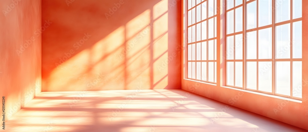 Poster light filled peach room with large window casting shadows creating a serene and modern space