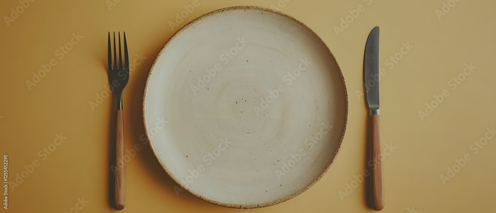Poster minimalist table setting with empty plate knife and fork on warm yellow background ready to eat
