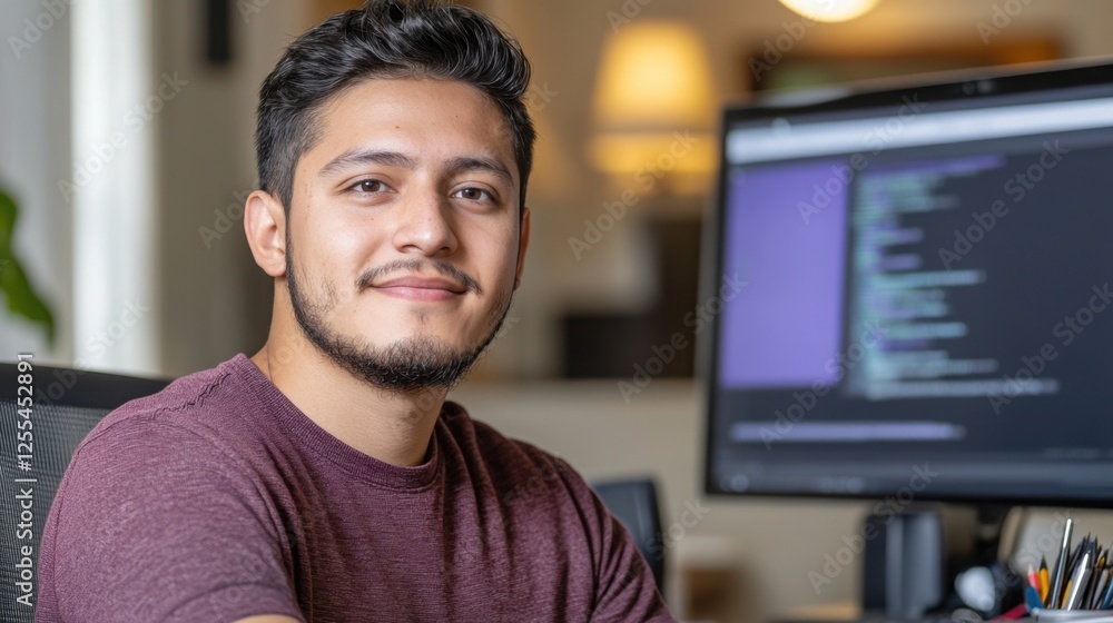 Poster young male software developer focused on coding at his desk, with a computer screen displaying lines