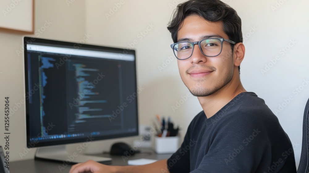 Poster young hispanic software developer smiling and working at his computer writing code in his home offic