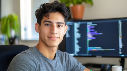 Hispanic young male software developer focused on coding at his desk, with a computer screen displaying lines of colorful code in the background