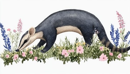 Badger foraging among colorful flowers in a vibrant natural setting