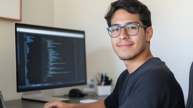 Young hispanic software developer smiling and working at his computer writing code in his home office
