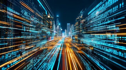 Futuristic urban landscape glowing with neon lights and digital code in a lively high tech city