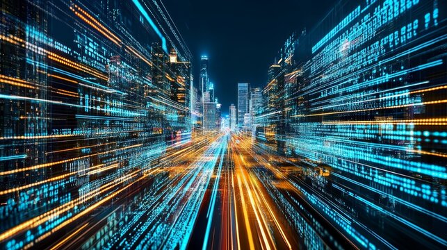 Futuristic urban landscape glowing with neon lights and digital code in a lively high tech city