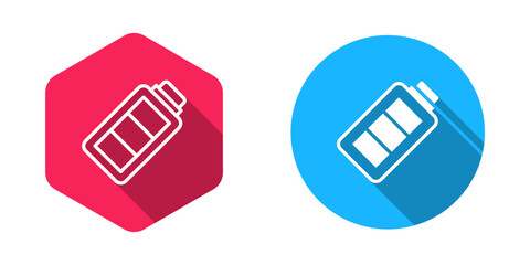 Filled and outline Battery charge level indicator icon isolated with long shadow background. Vector