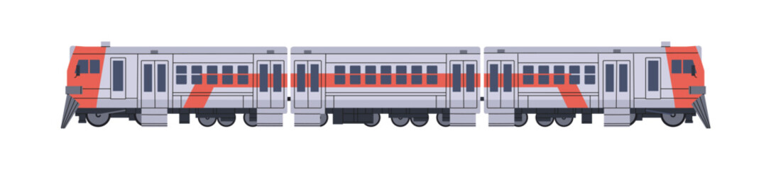 Passenger train with carriages side view. Electric railroad transport with wagons for subway. Railway coaches with locomotive for rail travel. Flat isolated vector illustration on white background