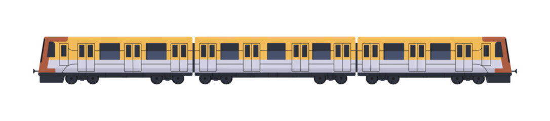Modern passenger train side view. Underground railroad transport with carriages. Electric locomotive of subway with wagons. Railway coaches, rail transit. Flat isolated vector illustration on white © Paper Trident