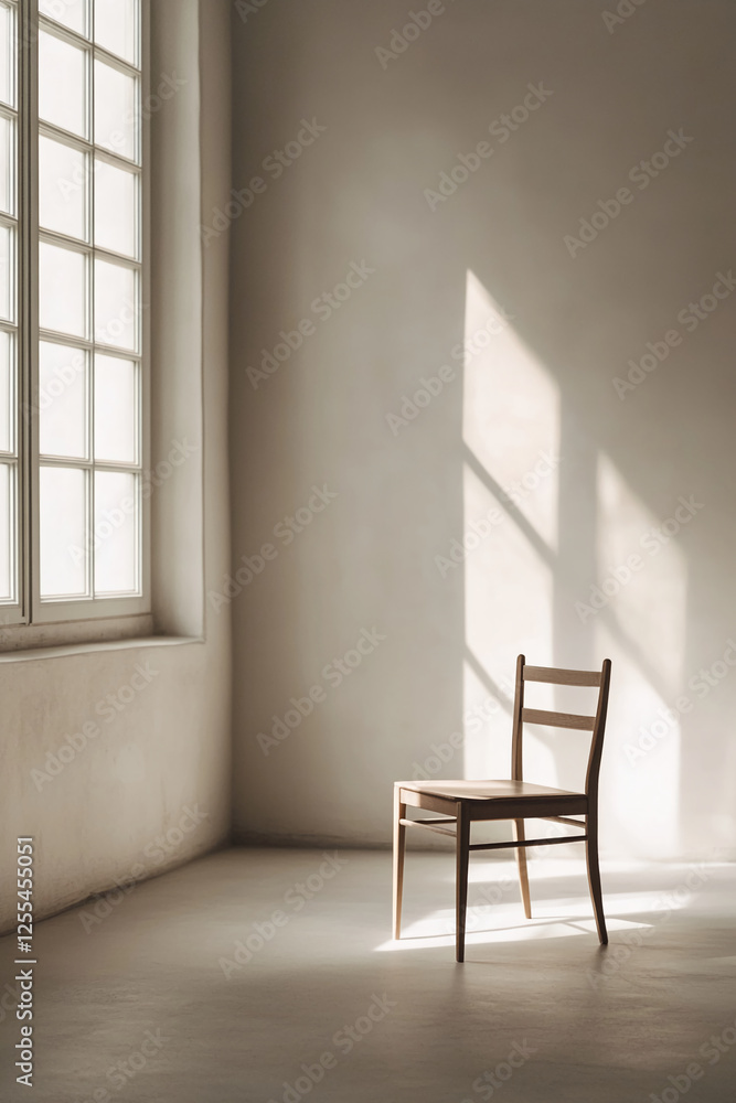 Poster a single wooden chair placed in a minimalist interior, with natural light streaming through large wi
