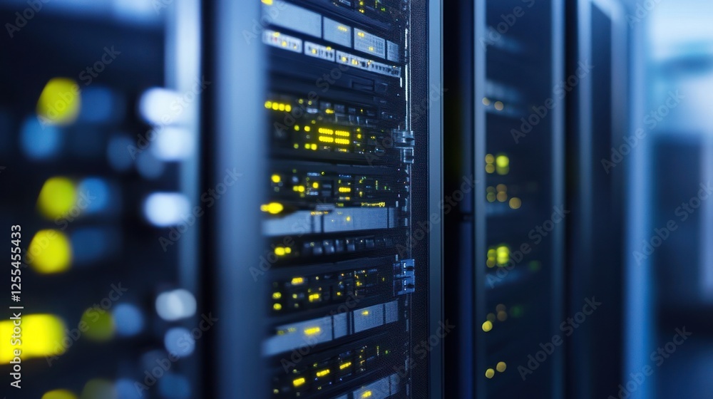 Poster illuminated servers in data center: powering global network operations