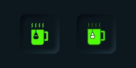 Green Cup of tea with tea bag icon isolated on black background. Black square button. Vector