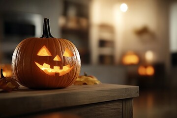Brightly lit carved pumpkin adds charm to autumn decor in cozy kitchen setting during Halloween celebration
