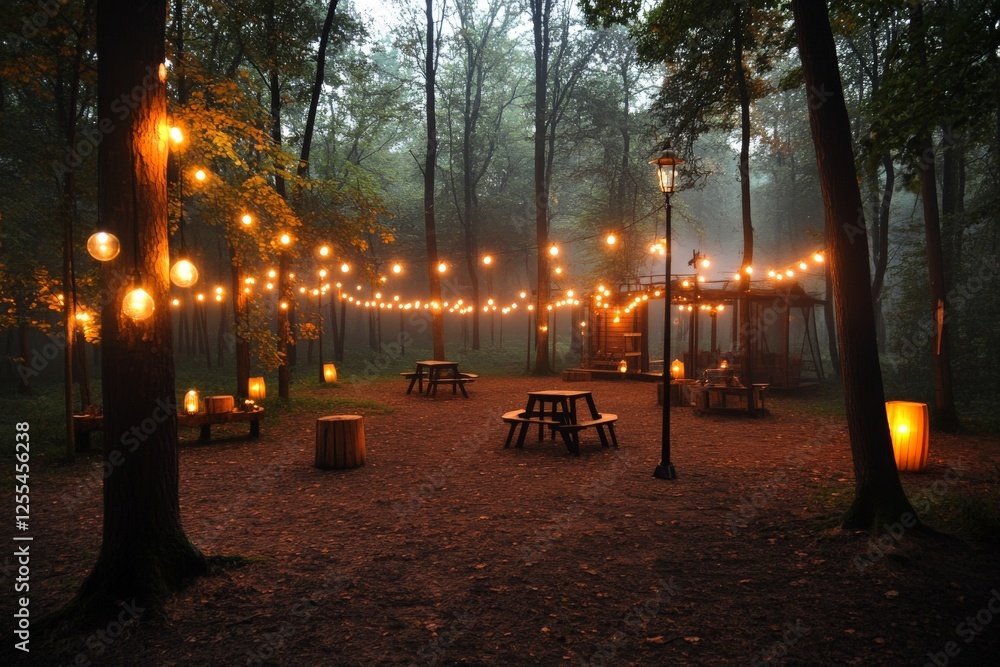 Poster magical evening atmosphere in a forest with string lights illuminating picnic tables and lanterns