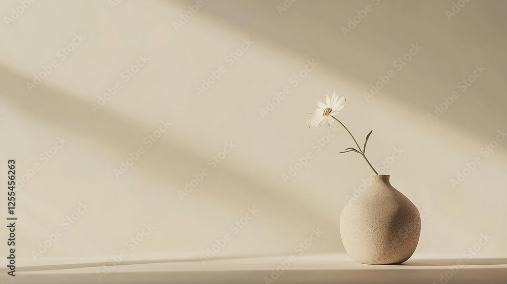 Poster A simple beige vase with a single white daisy flower, placed on a soft, neutral background. The light and shadows create a calm and minimalist atmosphere symbolizing serenity and nature.