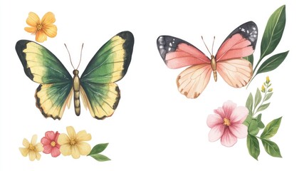 Obraz premium Colorful butterflies and flowers in a serene botanical illustration