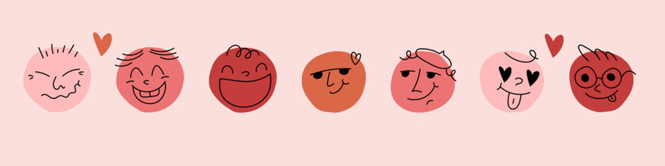 Groovy lovely funny faces stickers. Love concept. Happy Valentines day. Funky happy heart character in trendy retro 60s 70s cartoon style. Vector illustration. Happy valentines day concept