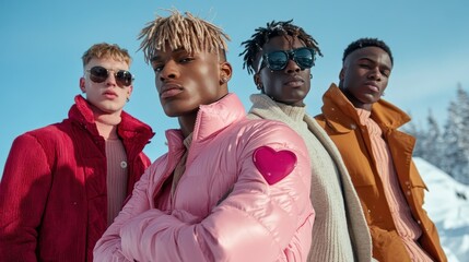 Four fashionable individuals pose in a snowy landscape, wearing stylish winter attire, showcasing vibrant colors and trendy designs in a cold yet lively atmosphere.