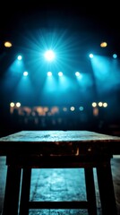 Empty Wooden Stool On A Dark Stage Illuminated By Blue Spotlights