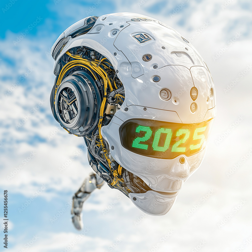 Poster futuristic robot head with glowing green numbers displays 2025, showcasing advanced technology and i