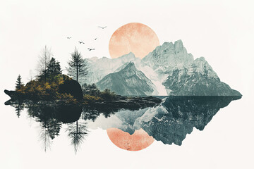 A stunning artistic depiction of a tranquil mountainous landscape featuring a reflective lake, dense trees, abstract circular sun elements, and a flock of birds in a serene natural setting.
