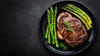 Grilled steak served with asparagus on a black plate, garnished with rosemary, showcasing a delicious and sophisticated meal highlighting gourmet cuisine and fine dining.